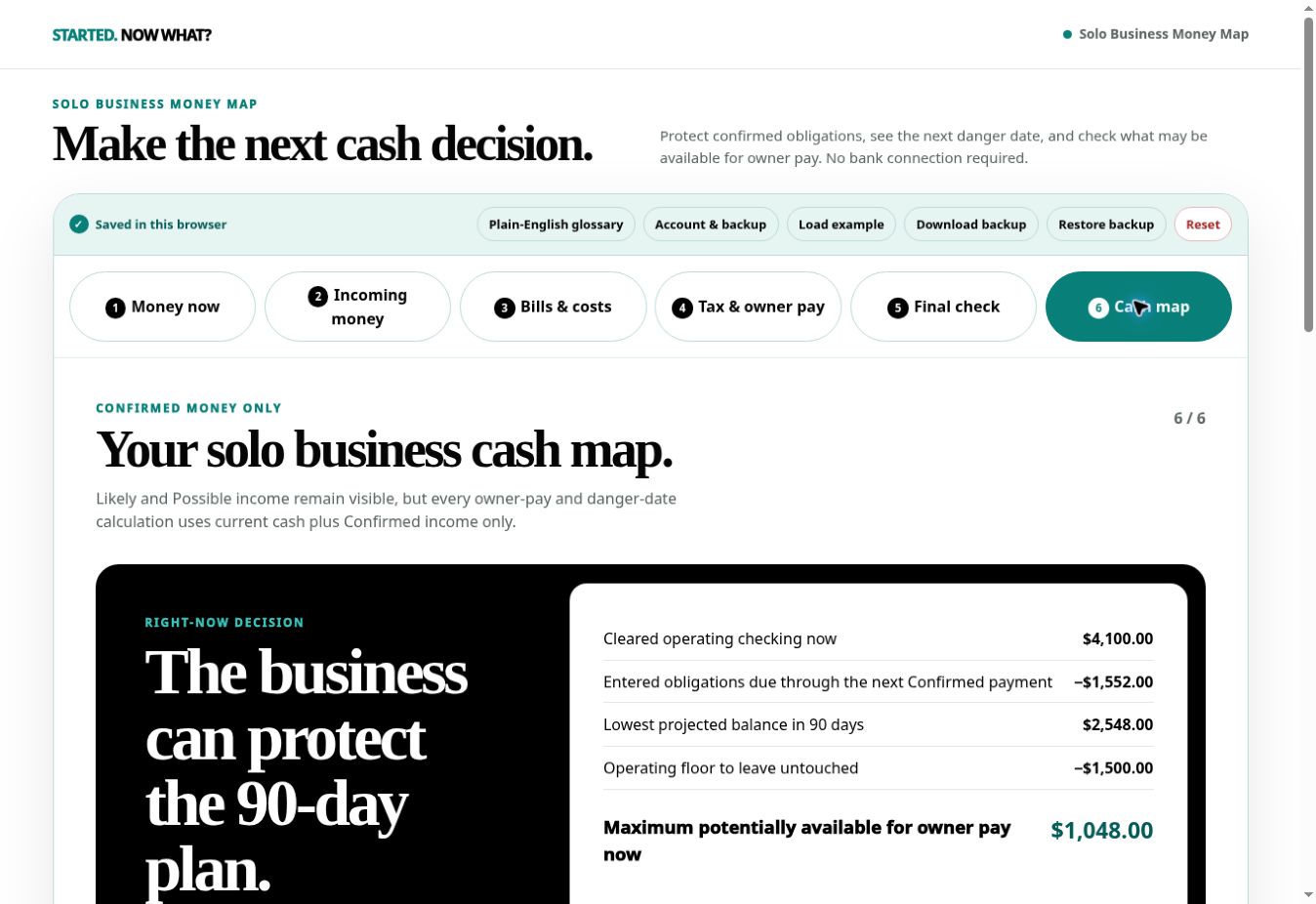 Solo Business Money Map result showing cleared cash, entered obligations, a protected operating floor, and the maximum potentially available for owner pay.